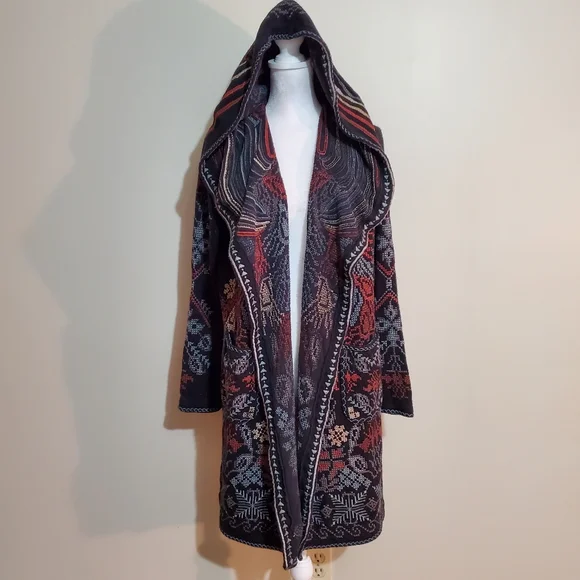 Johnny Was Biya cotton/wool blend black embroidered hooded cardigan sweater. S. - Picture 5 of 14